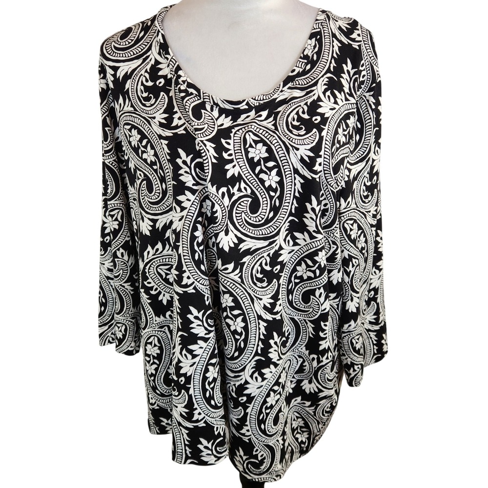 Chico's Paisley Print Tunic Top Plus Size 4‎ or XXL Black & White  Long Sleeve